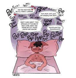 acoustic_transmission anthro dialogue female hair happy happy_sex heart_symbol indoor_sex insulting_another loud_sex male male/female motherly_cuckold nipples offscreen_sex onomatopoeia plap profanity sex solo sound_effects text tired_eyes trying_to_sleep xeleth mammal suid suine comic digital_drawing_(artwork) digital_media_(artwork) english_text son_(lore)