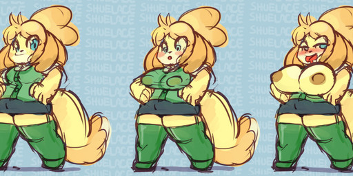 anthro base_one_layout basic_sequence big_breasts blush bodily_fluids bottomwear breast_expansion breasts clothed clothing drooling expansion female fur growth hair half-closed_eyes hand_on_hip huge_breasts legwear linear_sequence looking_at_viewer looking_down monotone_bottomwear monotone_clothing monotone_legwear monotone_skirt monotone_thigh_highs monotone_topwear monotone_vest narrowed_eyes nipple_outline nipples one_row_layout open_mouth pencil_skirt saliva shortstack skirt solo standing stockings teal_eyes thick_thighs thigh_highs three_frame_image three_frame_sequence tongue topwear undressing vest wide_hips yellow_body yellow_fur shuelace animal_crossing nintendo isabelle_(animal_crossing) canid canine canis domestic_dog mammal shih_tzu toy_dog sequence