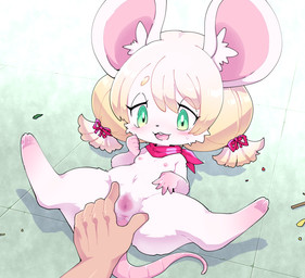 5_fingers anthro anus bangs belly_tuft big_ears blonde_hair blush blush_lines bodily_fluids breasts duo eyebrows eyelashes facial_tuft female fingers first_person_view fur genitals green_eyes hair human_on_anthro human_pov imminent_sex inner_ear_fluff interspecies kerchief kerchief_only larger_human larger_male looking_down lying male mostly_nude navel_tuft neckerchief neckerchief_only neckwear nude nude_anthro nude_female offscreen_male on_back on_ground open_mouth pink_body pink_fur pose pov_hands segmented_tail shadow size_difference small_breasts smaller_anthro smaller_female spread_vulva spreading sweat sweaty_face tuft twintails_(hairstyle) vulva white_body white_fur nollety human mammal mouse murid murine rodent 2025 censored colored digital_drawing_(artwork) digital_media_(artwork) mosaic_censorship shaded