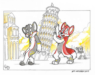 anthro featureless_crotch fur grey_body grey_fur group horn logo male markings nude open_mouth outside pupils red_body red_fur red_markings red_pupils red_tongue standing tongue trio white_body white_fur white_horn yellow_eyes yellow_markings young young_anthro young_male pandapaco parinton bovid canid canine caprine goat hybrid mammal 2019 artist_logo dated signature traditional_media_(artwork)