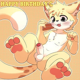 3_toes 4_fingers anthro balls biped black_eyes black_nose blush blush_lines butt cake cheek_tuft chest_tuft dessert dipstick_tail eating eating_cake eating_food erection facial_markings facial_tuft feet fingers food forehead_markings foreskin fur genitals glans glistening glistening_eyes glistening_genitalia glistening_penis head_markings hindpaw holding_cake holding_food holding_object humanoid_genitalia humanoid_penis inner_ear_fluff kemono long_tail male male_anthro markings multicolored_body multicolored_fur navel nipples nude nude_anthro nude_male open_mouth outline partially_retracted_foreskin pawpads paws penis pink_inner_ear pink_pawpads red_glans solo spots spotted_ears spotted_face spotted_markings spotted_tail spread_legs spreading tail tail_markings teeth text toes tuft white_balls white_body white_fur white_inner_ear_fluff white_outline white_penis white_tail_tip yellow_body yellow_fur yellow_tail young young_anthro young_male choki cheetah felid feline mammal 1:1 2025 digital_media_(artwork) english_text hi_res