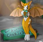 anthro cookie eating female food fur glowing green_eyes long_tail magic membrane_(anatomy) membranous_wings orange_body orange_fur solo tail white_body white_fur wings xtrasis dust:_an_elysian_tail fidget_(elysian_tail) bat mammal nimbat