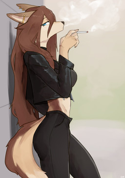 anthro biped blue_eyes brown_body cigarette clothed clothing ear_piercing female hair long_hair looking_at_viewer piercing side_view smoking solo tan_body buta99 canid mammal absurd_res hi_res