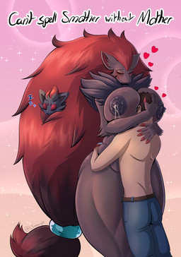 anthro areola between_breasts big_breasts biped black_areola black_nipples blush bodily_fluids breast_smother breasts claws clothing duo face_between_breasts face_in_breasts female female_anthro fur hair head_between_breasts heart_symbol holidays hug huge_breasts interspecies lactating larger_anthro larger_female male male/female male_human mature_anthro mature_female milk nipples simple_background size_difference sleeping smaller_human smaller_male smile smothering text smeargle20 mother's_day nintendo pokemon canid canine generation_5_pokemon human mammal pokemon_(species) zoroark zorua digital_media_(artwork) english_text hi_res mother_(lore) mother_and_child_(lore) parent_(lore) parent_and_child_(lore)
