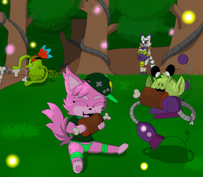 ambiguous_gender anthro athletic_wear belly big_belly bone breasts clothing cord cute_fangs eating fangs female food forest fungus glowing glowing_fungus glowing_mushroom grass green_clothing green_shirt green_topwear group happy hat headgear headwear knee_band meat meat_on_bone mushroom plant pregnant scarf shirt spacecraft symbol teeth topwear tree vehicle zero_unit monterrioashmore bandai_namco digimon fakemon gamermon michaelamon visitormon alien angel arthropod beetle canid canine digimon_(species) elateroid elemental_creature felid feline firefly flora_fauna insect mammal vegiemon absurd_res hi_res