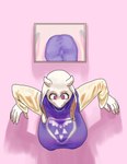 anthro big_breasts big_butt breasts butt clothed clothing dress electronics eyelashes female floppy_ears front_view fur horn huge_breasts huge_butt lop_ears pink_background pink_eyes purple_clothing purple_dress simple_background solo stuck television thick_thighs through_wall white_body white_fur white_horn wide_hips hatihati undertale_(series) toriel boss_monster_(undertale) bovid caprine goat mammal hi_res