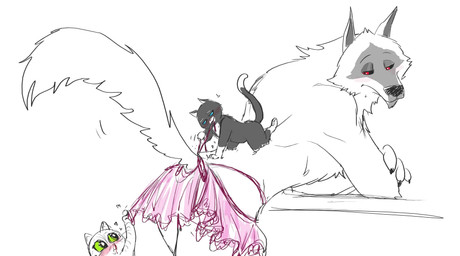 anime_nosebleed anthro bisexual blood blue_eyes blush bodily_fluids clothed clothing crossdressing facial_markings female fluffy green_eyes group head_markings interspecies male male/female male/male markings mask_(marking) mmf nosebleed nude pointy_ears polyamory prick_ears red_eyes size_difference skimpy standing trio ultimatellurker dreamworks puss_in_boots_(franchise) death_(puss_in_boots) kitty_softpaws puss_in_boots_(dreamworks) canid canine canis domestic_cat felid feline felis mammal tabby_cat tuxedo_cat wolf hi_res sketch