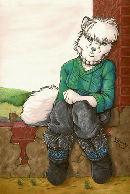 anthro biped black_ears black_nose blue_eyes boots breasts clothed clothing cloud collar detailed_background female footwear front_view fur hair humanoid_hands looking_at_viewer neck_muscles outside philtrum shoes sitting sky smile solo studded_collar studs tail white_body white_fur white_hair white_inner_ear white_tail kalahari anastasia_(kalahari) arctic_fox canid canine fox mammal true_fox 2008 colored_pencil_(artwork) marker_(artwork) mixed_media traditional_media_(artwork)