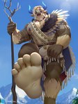 abs anthro blue_eyes bulge feet foot_focus hair horn humanoid_feet looking_at_viewer low-angle_view male muscular muscular_anthro muscular_male native_american_clothing nipples pecs plantigrade smile solo staff white_hair shan_yao_jun lifewonders tokyo_afterschool_summoners bigfoot_(tas) bovid bovine cattle mammal 3:4 hi_res