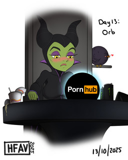 big_breasts black_clothing black_horn black_robe blush blush_lines breasts chair clothed clothing cosplay crystal_ball eyelashes eyeshadow female food furniture green_body green_skin horn instant_noodles makeup monster_energy_can noodles pornhub_logo purple_eyeshadow robe simple_background sitting solo text throne white_background yellow_eyes h-fav disney gobtober monster_energy pondering_my_orb pornhub sleeping_beauty_(1959) maleficent avian bird goblin horned_humanoid humanoid 2025 4:5 absurd_res hi_res