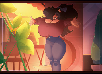 accessory anthro big_breasts black_bars bottomwear breasts chair cleavage clothed clothing denim denim_bottomwear denim_clothing eyes_closed female fluffy fluffy_hair furniture hair hair_accessory huge_breasts jeans long_tail offering_hug open_mouth pants plant sky solo spread_arms sunset sweater table tail thick_thighs topwear wide_hips shoolmail delilah_(jund_wabbit) kangaroo macropod mammal marsupial absurd_res hi_res letterbox
