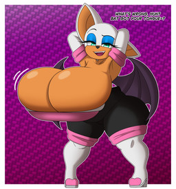 anthro armor armwear bat_wings belly big_breasts black_bodysuit black_clothing black_eyebrows black_nose black_skinsuit black_tail black_wings blue_eyeshadow bodysuit border breastplate breasts clothing dialogue elbow_gloves eyebrows eyelashes eyeshadow female footwear gloves hands_behind_head handwear huge_breasts hyper hyper_breasts looking_at_viewer makeup membrane_(anatomy) membranous_wings motion_lines navel navel_outline open_mouth open_smile pink_breastplate pink_tongue purple_background red_mouth scut_tail shoes short_tail simple_background skinsuit slightly_chubby slightly_chubby_anthro slightly_chubby_female smile smiling_at_viewer snaggle_tooth solo tail talking_to_viewer tan_body tan_inner_ear teal_eyes text thick_thighs three-quarter_view tight_clothing tongue white_armwear white_border white_clothing white_ears white_elbow_gloves white_footwear white_gloves white_handwear white_shoes wings takano sega sonic_the_hedgehog_(series) rouge_the_bat bat mammal 2026 absurd_res colored digital_drawing_(artwork) digital_media_(artwork) english_text hi_res shaded