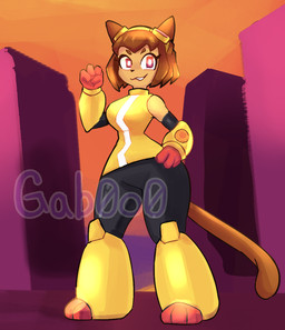 anthro biped black_bottomwear black_clothing black_nose black_pants bottomwear breasts brown_body brown_fur brown_hair clothed clothing eyewear eyewear_on_head female front_view fur goggles goggles_on_head hair looking_at_viewer medium_breasts pants short_hair solo standing topwear yellow_clothing yellow_topwear gab0o0 gameoverse glitch_productions kit_bodega domestic_cat felid feline felis mammal