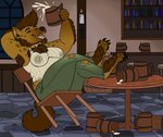 anthro areola barrel beard beer_mug beverage breasts candle chair chest_tuft detailed_background drinking eyes_closed facial_hair female furniture inside leaning leaning_backward nipple_outline nipples open_mouth slightly_chubby solo table tavern tuft goldiescales scaramouche_rotbelly gnoll hyena mammal