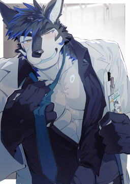 abs accessory adjusting_clothing anthro barazoku bedroom_eyes big_bulge biped black_body black_fur black_hair blue_body blue_fur blue_hair blue_necktie blush bulge chest_tuft clothed clothing coat confident formal_wear front_view fur hair half-closed_eyes hand_on_tie id_card inside lab_coat looking_at_viewer male male_anthro multicolored_hair muscular muscular_male name_tag narrowed_eyes necktie office_attire open_lab_coat open_suit partially_clothed pecs seductive shirtless smile smirk solo spiky_hair standing suit topwear tuft vest white_body white_fur yellow_eyes nyarusanlove thunderrangers archermagnum canid canine canis mammal wolf absurd_res half-length_portrait hi_res portrait