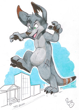 anthro brown_nose brown_pawpads featureless_crotch fingerpads fur green_eyes grey_body grey_fur head_tuft logo macro male male_anthro nude open_mouth open_smile pawpads smile solo standing tuft young young_anthro young_male pandapaco kangaroo macropod mammal marsupial 2020 artist_logo dated hi_res signature