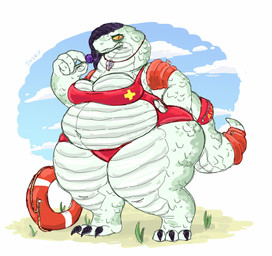 3_toes 4_fingers anthro barefoot beach belly big_breasts bodily_fluids breasts candy claws cleavage clothed clothing cloud countershade_legs countershade_torso countershading dessert eyelashes feet female fingers food green_body green_scales hair holding_food holding_object huge_breasts jewelry life_ring lifeguard lollipop looking_at_viewer mohawk navel necklace non-mammal_breasts one-piece_swimsuit orange_sclera outside overweight overweight_anthro overweight_female pool_float pupils purple_hair saliva saliva_string sand scales seaside sky slit_pupils solo standing swim_ring swimwear thick_neck thick_thighs toe_claws toes whistle_(object) wide_hips josomez alligator alligatorid crocodilian reptile scalie 2020 absurd_res hi_res