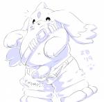 anthro belly blush bottomwear clothing genitals humanoid_genitalia humanoid_hands humanoid_penis male navel overweight overweight_anthro overweight_male pants penis simple_background solo text wardrobe_malfunction thezestiestbone bandai_namco digimon digimon_(species) gargomon mammal 2019 absurd_res english_text hi_res