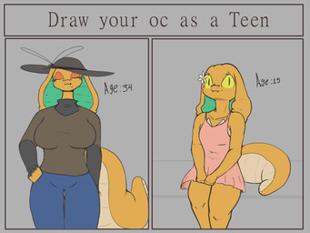 adolescent aged_up anthro before_and_after big_breasts big_hat border breasts clothed clothing female grey_border hat headgear headwear looking_at_viewer non-mammal_breasts orange_body scales simple_background smile snake_hood solo tail text time_lapse yellow_eyes young young_anthro young_female yairo raquel_(yairo) cobra reptile scalie snake 4:3 digital_drawing_(artwork) digital_media_(artwork) hi_res