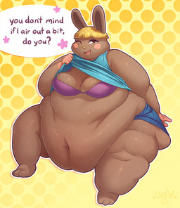 anthro bangs belly belly_overhang big_belly blonde_hair blush blush_stickers bodily_fluids breasts brown_body brown_eyes brown_fur clothed clothing dotted_background eyelashes female fur hair long_ears love_handles morbidly_obese morbidly_obese_anthro morbidly_obese_female navel obese obese_anthro obese_female one_eye_closed open_mouth open_smile overweight overweight_anthro overweight_female pattern_background simple_background sitting smile solo stretch_marks sweat sweaty_belly text yellow_nose robirobi animal_crossing nintendo bonbon_(animal_crossing) lagomorph leporid mammal rabbit 2025 english_text hi_res