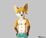 adolescent anthro athletic athletic_anthro athletic_male black_nose blue_eyes boxers_(clothing) brown_body brown_fur clothed clothing fur looking_at_viewer male muscular muscular_young orange_body orange_fur simple_background solo topless underwear white_body white_fur young young_anthro sharparadise canid canine fox mammal absurd_res hi_res