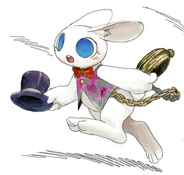 anthro bottomless buckteeth clock clothed clothing hat headgear headwear holding_clothing holding_hat holding_headgear holding_headwear holding_object open_mouth pocketwatch rubbing simple_background solo teeth top_hat watch white_background kigoh-neko alice_in_wonderland the_white_rabbit lagomorph leporid mammal rabbit aliasing digital_media_(artwork)