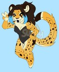 animal_print anthro cheetah_print clothing fangs female gesture hand_gesture markings one-piece_swimsuit sabertooth_(anatomy) solo spots spotted_markings swimwear teeth v_sign sunny666 kaylee_(arcticsnowfex) cheetah felid feline mammal prehistoric_species saber-toothed_tiger