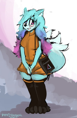 3_tails anthro biped black_nose blue_body blue_ears blue_fur blue_hair blue_tail blush breasts clothed clothing dress female fully_clothed fur hair looking_at_viewer multi_tail multicolored_hair orange_clothing orange_dress orange_topwear purple_eyes simple_background smile solo standing tail topwear year dirtyscoundrel crystal_(giackobe) canid canine canis mammal wolf 2017 absurd_res digital_media_(artwork) digital_painting_(artwork) hi_res painting_(artwork) signature