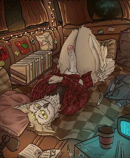 animal_genitalia animal_penis anthro backpack beak bedding blanket bodily_fluids book bottomless bottomless_male bottomwear car clothed clothing denim denim_bottomwear denim_clothing ear_piercing erection eyewear feathers foreskin fur garland genitals glasses glowing glowing_eyes humanoid_genitalia humanoid_penis inside_car inside_vehicle jeans looking_at_viewer lying male night on_back pants pattern_clothing pattern_shirt pattern_topwear penis piercing pillow plaid plaid_clothing plaid_shirt plaid_topwear pointy_ears presenting presenting_penis shirt smile solo topwear vehicle vein veiny_penis atrax pacific_drive sairon avian barn_owl bird owl tyto tytonid hi_res