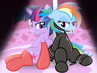 bdsm bit_gag blue_body blue_fur bondage bound clothing cutie_mark duo feathered_wings feathers female feral fur gag gagged hair half-closed_eyes horn inside looking_at_viewer multicolored_hair narrowed_eyes pole purple_body purple_eyes purple_fur purple_hair rainbow_hair restraints smile spreader_bar stage wings nightmaremoons friendship_is_magic hasbro my_little_pony mythology rainbow_dash_(mlp) twilight_sparkle_(mlp) equid equine mammal mythological_creature mythological_equine pegasus winged_unicorn 2015 4:3 absurd_res hi_res
