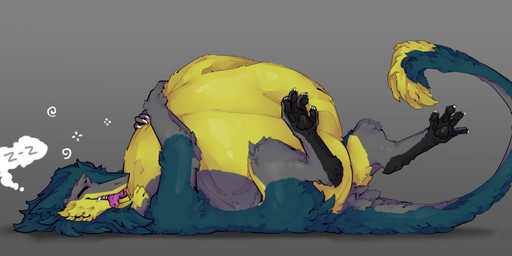 anthro belly big_belly bloated eyes_closed fangs fur green_body green_fur grey_body grey_fur holding_belly hugging_belly lying male male_pred on_back pawpads paws sleeping solo tail tail_tuft tapering_tail teeth tired tuft vore yellow_body yellow_fur h3h33rediska brom_(sahurus) sergal absurd_res hi_res