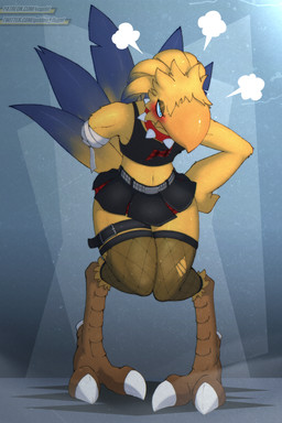 amputee angry anthro avian_feet bandage beak belt belt_accessory biped blue_eyes blush bottomwear claws clothed clothed_anthro clothed_male clothing collar crop_top disability feathers feet fishnet_clothing fishnet_leggings fishnet_legwear fishnet_stockings frown furrowed_eyebrows hand_on_hip legband leggings legwear looking_at_viewer male missing_arm pouting shirt simple_background skirt solo spiked_collar spikes studded_belt studs tail tail_feathers talons thigh_belt thighband toe_claws toes topwear torn_clothing yellow_body vogold final_fantasy square_enix avian bird chocobo 2:3 digital_media_(artwork) hi_res signature