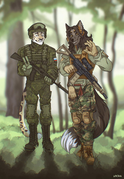 ak-105 ak_platform anthro ar_platform armor black_nose blurred_background body_armor boots brown_hair bulletproof_vest camo clothing dipstick_tail duo ear_piercing eyewear eyewear_on_head footwear forest forest_background fur furred_ears furry_tail gesture gloves goggles goggles_on_head grey_eyes gun hair hand_gesture handwear holding_gun holding_object holding_ranged_weapon holding_weapon knee_pads long_hair looking_at_viewer male markings military military_uniform nature nature_background ok_sign outside patch_(fabric) piercing plant politics ranged_weapon russian russian_federation russian_flag shoes smile soldier standing tail tail_markings teeth text tree trigger_discipline uniform v_sign warrior weapon white_tail_tip yellow_eyes kagetashi colt's_manufacturing_company jsc_kalashnikov_concern russo-ukrainian_war canid canine canis felid jaguar mammal pantherine wolf 2024 absurd_res full-length_portrait hi_res portrait russian_text signature translated