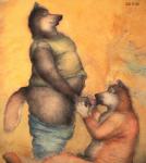 1998 anthro archived_source balls bd black_nose brown_body brown_fur canid canine clothed clothing colored_pencil_(artwork) duo eyes_closed fur genitals half-closed_eyes hand_on_penis humanoid_genitalia humanoid_penis licking male male/male mammal narrowed_eyes oral orange_background orange_body orange_fur overweight overweight_male penile penis penis_lick sex simple_background sitting slightly_chubby tongue tongue_out traditional_media_(artwork)