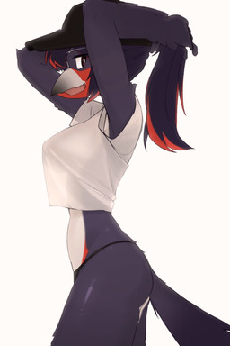 anthro backlighting beak breasts clothing feathers female hair hands_behind_head light medium_breasts nipple_outline nipples non-mammal_breasts non-mammal_nipples ponytail shirt side_view simple_background solo tail tail_feathers topwear translucent translucent_clothing white_clothing white_shirt white_topwear dullanboi riley_(dullanboi) avian bird hi_res lighting
