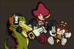 anthro brown_background chain_necklace clothing electronics footwear gesture gloves gold_(metal) gold_jewelry gold_necklace green_body green_skin grin group hand_gesture handwear headphones horn jewelry male necklace purple_body purple_skin shoes simple_background smile v_sign yellow_eyes bluekomadori sega sonic_the_hedgehog_(series) charmy_bee espio_the_chameleon vector_the_crocodile arthropod bee chameleon crocodile crocodilian hymenopteran insect lizard reptile scalie 2012