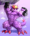 abs anthro biceps blonde_hair bodily_fluids claws clothing feet flexing gloves hair handwear lifting_object male muscular muscular_anthro muscular_male overhead_lift pecs purple_body red_eyes solo sweat vein veiny_muscles waddledox chocobo_gp final_fantasy square_enix ben_(chocobo_gp) behemoth_(final_fantasy) monster 2021 5:6 absurd_res hi_res