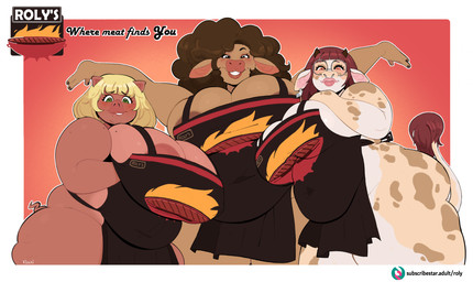 anthro apron apron_only areola areola_slip bangs barbell_piercing big_breasts blonde_hair breasts brown_hair cellulite circular_barbell_piercing clothing curled_tail ear_piercing eyewear facial_piercing female female/female glasses green_eyes group hair horn huge_breasts huge_thighs lips looking_at_viewer nose_piercing overweight overweight_anthro overweight_female piercing red_hair round_glasses septum_circular_barbell septum_piercing smile tail tail_tuft text thick_thighs trio tuft voluptuous_anthro voluptuous_female roly dulce_(roly) muffie_(tyrianempress) bovid bovine cattle domestic_pig mammal suid suine sus_(pig) 2024 english_text hi_res