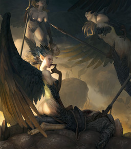animal_legs armor breasts butt death feathers feet female group hair male melee_weapon monster_girl_(genre) nude polearm pubes spear straddling talons toes weapon 7200ss sangsu_jeong european_mythology greek_mythology mythology animal_humanoid avian harpy human humanoid mammal mythological_avian mythological_creature