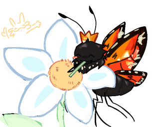 2_antennae 4_legs 4_wings ^_^ ambiguous_gender antennae_(anatomy) arthropod_abdomen black_antennae black_body blush blush_stickers crown drinking drinking_straw eyes_closed eyespots feral flower flying happy headgear insect_wings lepidopteran_wings markings monotone_body multi_wing multicolored_wings orange_wings plant quadruped ruff simple_background smile solo white_background white_flower wings plsburgchez disney hoppers_(disney) pixar titus_(hoppers) arthropod butterfly insect lepidopteran monarch_butterfly