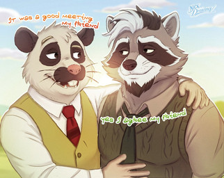 accessory anthro clothing duo hug male necktie shirt smile text topwear nickdrawing cloud_rat mammal northern_luzon_cloud_rat procyonid raccoon rodent 2026 english_text