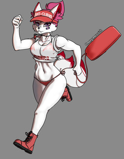 anthro bandage bikini bikini_bottom bikini_top clothing dipstick_tail female footwear fur hair hat headgear headwear holding_object inner_ear_fluff lifeguard lifeguard_swimsuit markings multi_tail navel pink_eyes pink_hair red_clothing red_swimwear running shirt shoes solo swimwear tail tail_markings tied_shirt topwear translucent translucent_clothing tuft two-piece_swimsuit visor_cap whistle_(object) white_body white_fur mangomaverick epic_games fortnite kimiko_five-tails canid canine fox mammal absurd_res hi_res