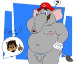 anthro balls blue_eyes body_drawing clothing elephant_fruit facial_hair flaccid foreskin frown genitals grey_body grey_skin hat headgear headwear male marker moobs mustache nipples overweight overweight_male penis power-up question_mark speech_bubble trunk robertgdraws mario_bros nintendo super_mario_bros_wonder elephant_mario mario elephant elephantid mammal proboscidean