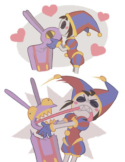 4_fingers angry anthro big_pupils bite blush caressing_face constricted_pupils dilated_pupils duo eyes_closed female fingers heart_symbol hurt_expression kiss_on_lips kissing larger_male male motion_lines pain pupils sharp_teeth size_difference small_pupils smaller_female surprised teeth tongue tongue_bite roboto_(artist) glitch_productions the_amazing_digital_circus jax_(tadc) pomni_(tadc) humanoid lagomorph leporid mammal rabbit hi_res