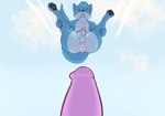 animal_genitalia animal_penis anthro anus balls big_butt blue_body blue_fur butt canine_genitalia canine_penis cloud dildo falling fur genitals imminent_anal male outside penis sex_toy smile solo white_body white_fur y_anus lavendel_(artist) canid canine canis mammal wolf hi_res