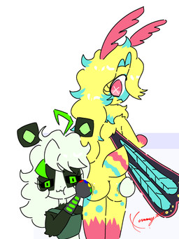 antennae_(anatomy) anthro black_nose black_sclera black_wings blonde_hair blue_body blue_fur blue_hair blue_wings butt butt_grab clothed clothing duo eyelashes facial_markings featureless_hands female female/female fully_clothed fur gloves gloves_(marking) green_body green_ears green_eyes green_fur green_inner_ear hair hand_on_butt handwear head_markings insect_wings leg_markings lepidopteran_wings long_hair looking_at_viewer looking_back markings multicolored_body multicolored_fur multicolored_wings nude nude_anthro nude_female pink_body pink_eyes pink_fur pink_wings scut_tail short_tail simple_background socks_(marking) standing striped_markings striped_tail stripes tail tail_markings white_background white_body white_fur wings yellow_body yellow_fur conditional_dnp xammyxx mothy_(xammyxx) arthropod bear giant_panda insect lepidopteran mammal moth 2026 3:4 digital_media_(artwork) flat_colors hi_res ibispaint_(artwork) signature watermark
