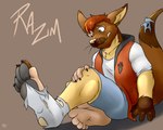 anthro bottomwear brown_body brown_fur brown_hair claws clothed clothing double_claw eye_scar facial_scar feet fluffy foot_focus footwear full_pad fur grey_pawpads grey_soles hair hoodie human_to_anthro male mid_transformation orange_eyes pawpads paws plantigrade red_hair scar shirt shorts socks species_transformation tail tan_body tan_fur topwear torn_clothing transformation vest white_body white_skin xids ra'zim gulonine human hybrid kangaroo macropod mammal marsupial marten mustelid musteline sable_(marten) 5:4 hi_res