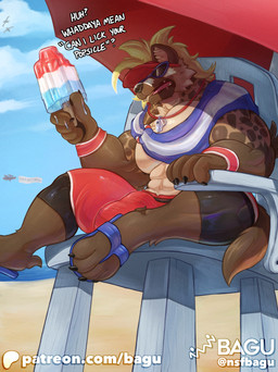 abs anthro beach biceps brown_body brown_fur bulge chest_tuft claws clothing dialogue eyewear fangs flip_flops fluffy food food_on_face footwear fur glasses hat headgear headwear holding_food holding_object inner_ear_fluff lifeguard lifeguard_chair lifeguard_swimsuit male markings muscular muscular_male neckwear nipples open_mouth outside pawpads pecs popsicle popsicle_melting sandals shoes sitting solo spots spotted_markings sunglasses sunscreen swimwear talking_to_viewer teeth text towel towel_around_neck tuft umbrella visor visor_cap whistle_(object) whistle_around_neck wristband bagu conditional_dnp bomb_pop rivals_of_aether wells_enterprises forsburn hyena mammal absurd_res english_text hi_res