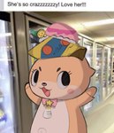 baby_bottle black_eyes blush chips_(food) clothing female food grocery_store hat headgear headwear looking_at_viewer mascot navel object_on_head open_mouth outie_navel photo_background potato_chips ribbons smile store nicolas_ps shes_so_crazzzzzzzy_love_her chiitan mammal mustelid otter hi_res meme photography_(artwork) nonbinary_(lore)