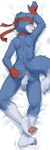 amber_eyes anthro backsack balls blue_body clothing dakimakura fingerless_gloves genitals gloves handwear kerchief lying male nude on_front penis solo qftalorz bandai_namco digimon canid canine digimon_(species) gaomon mammal 1:3 dakimakura_design hi_res